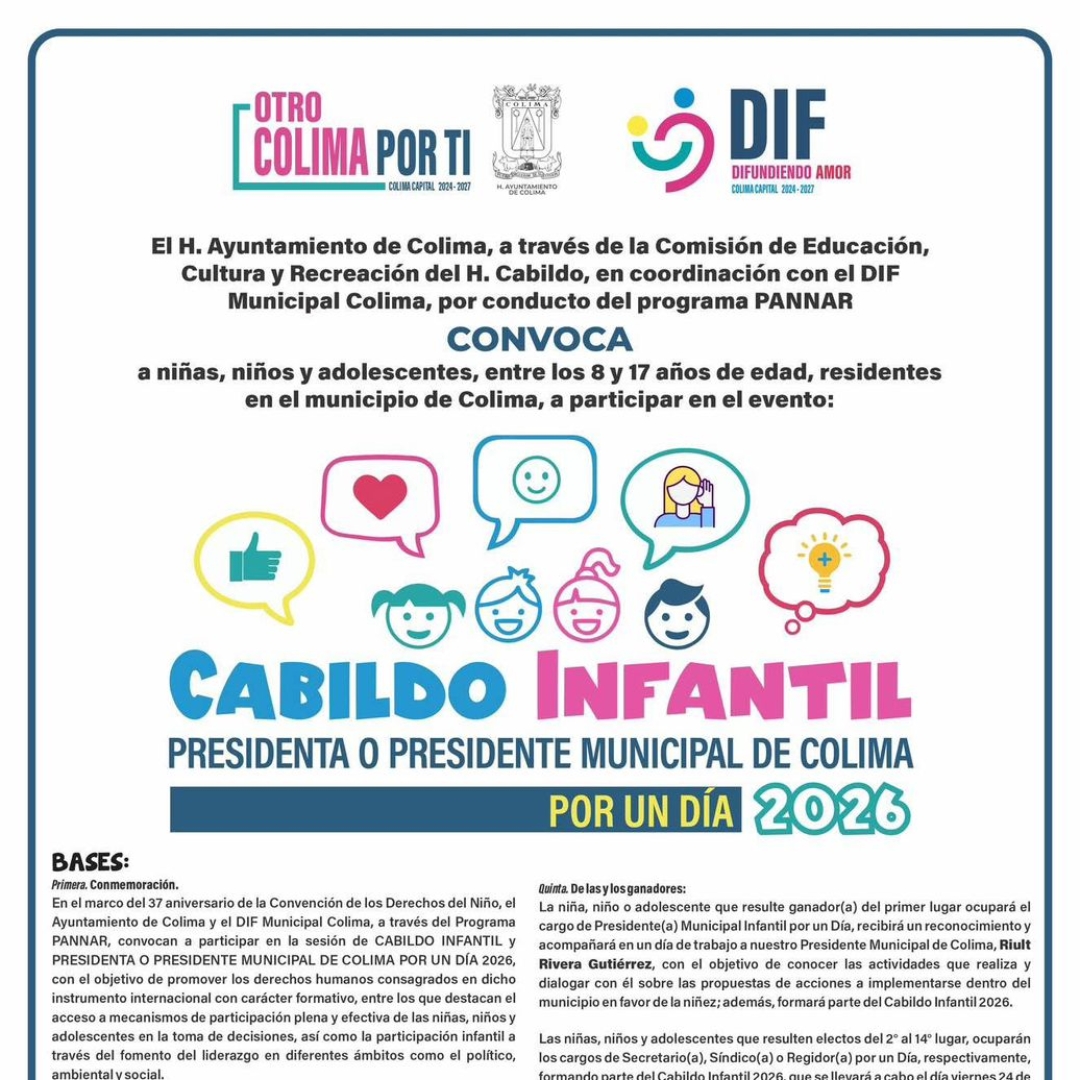 Cabildo infantil 2026: Colima convoca a niñas, niños y adolescentes a ocupar el Ayuntamiento por un día