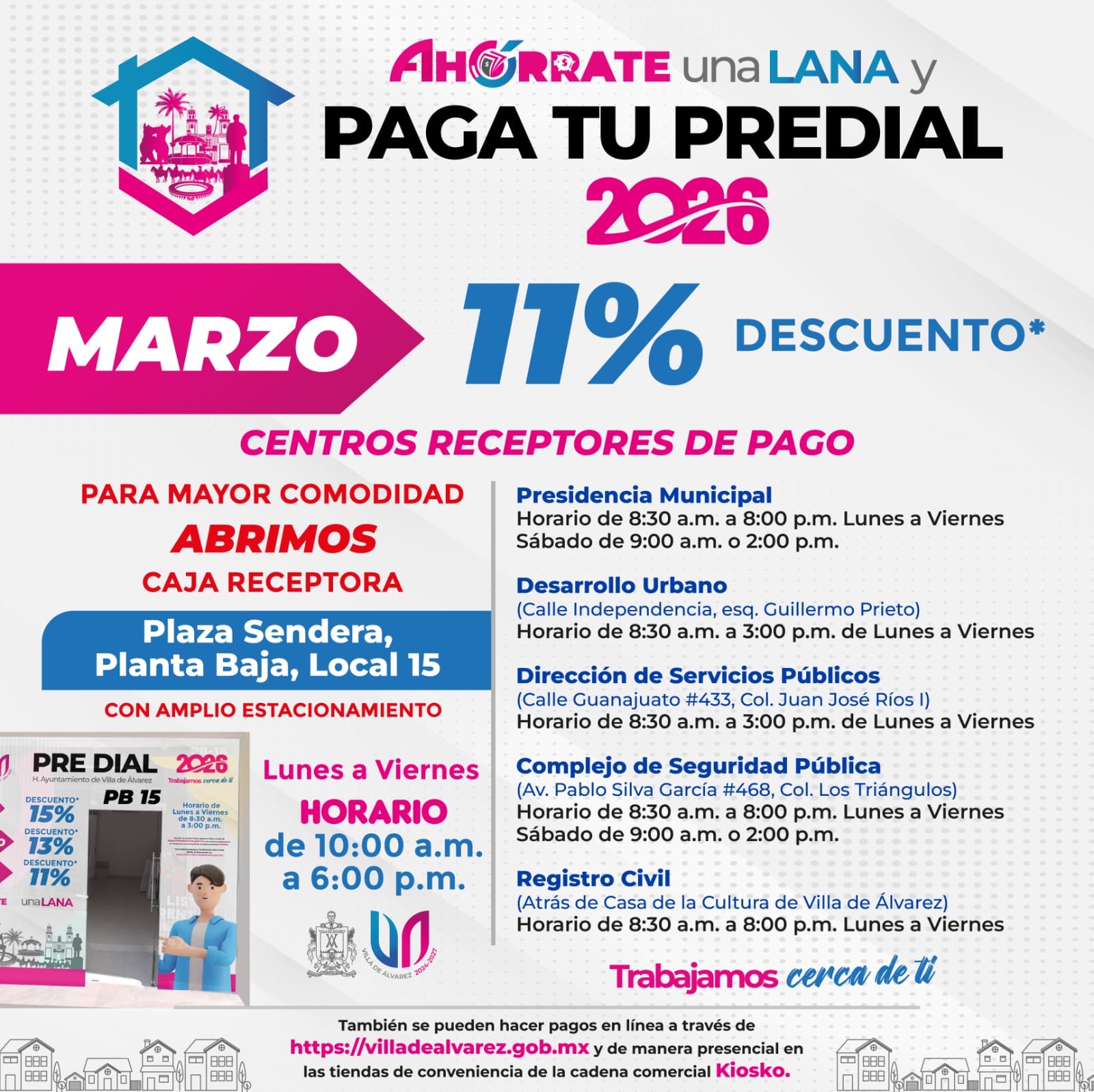 Ofrece Villa de Álvarez en marzo  descuento ‎del 11% en el Predial 