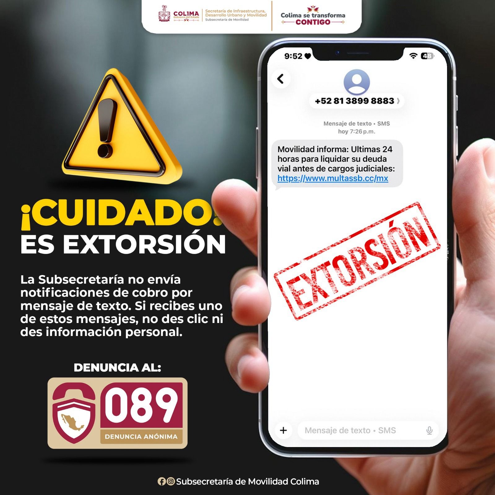 Subsemov Colima alerta a la ciudadanía sobre mensajes de fraude para realizar pagos