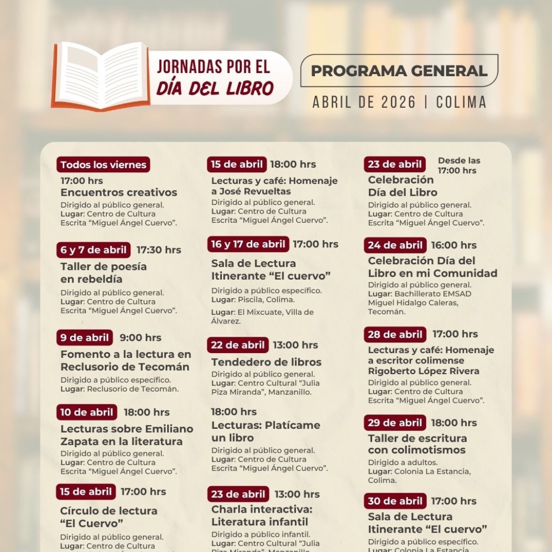 Cultura Colima celebra el Día Mundial del Libro con un mes de actividades y talleres literarios